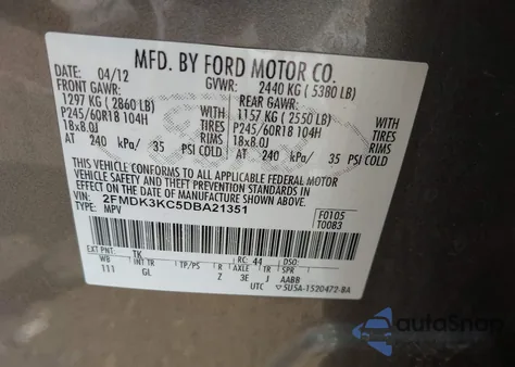 2013 Ford Edge Limited z USA, uszkodzony, nr VIN 2FMDK3KC5DBA21351